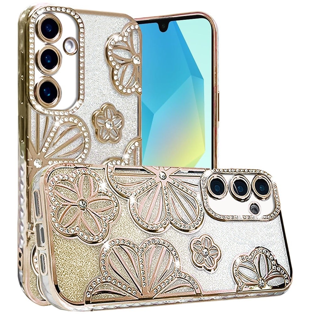 For Samsung Galaxy A16 5G Luxury Flower Design Sparkle Glitter Diamond Rhinestone Shimmer Bling Plating Thick TPU Hard PC Case Cover Rose Gold