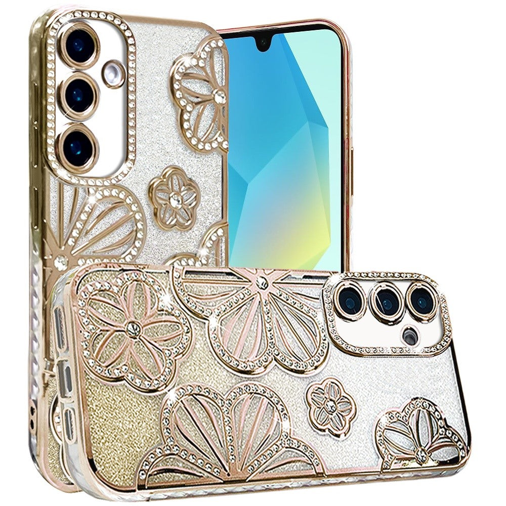 For Samsung Galaxy A26 Luxury Flower Design Sparkle Glitter Diamond Rhinestone Shimmer Bling Plating Thick TPU Hard PC Case Cover Flower Gold