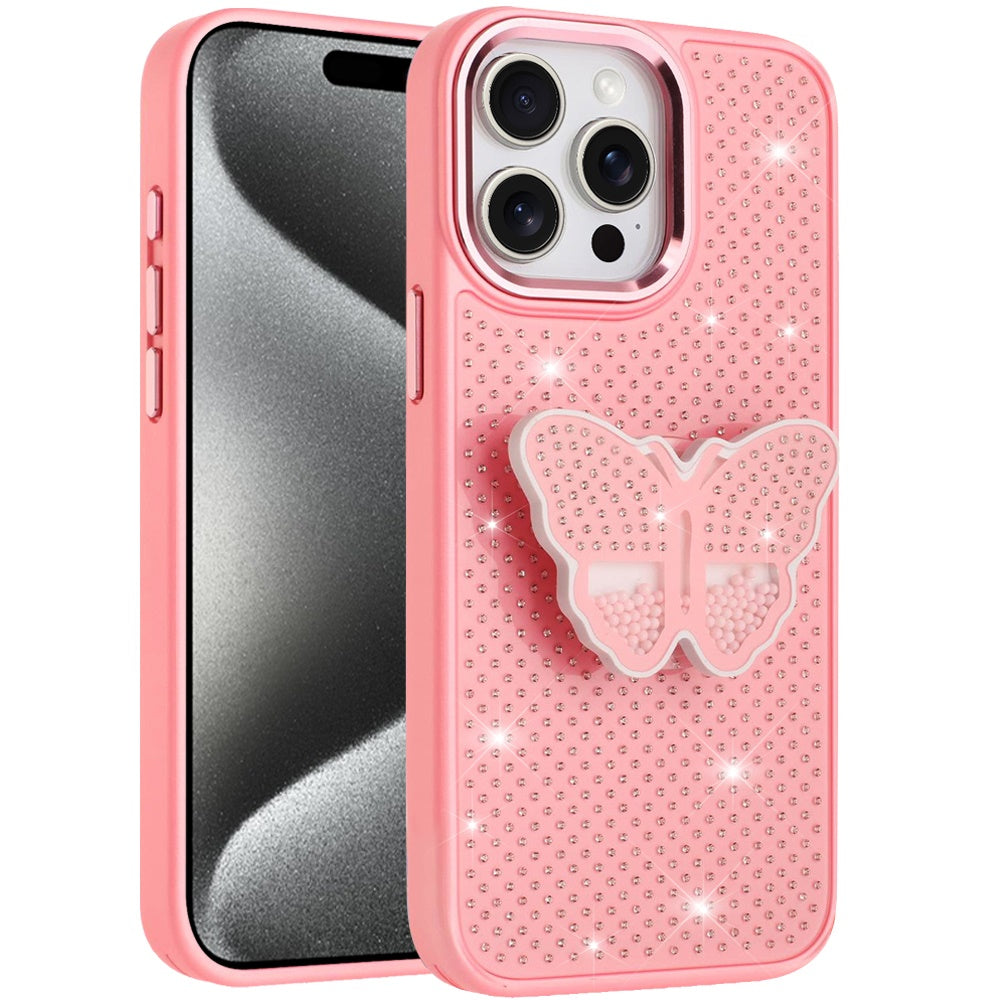 For Apple iPhone 16 Pro Max Butterfly Moveable Grip 3D Pop Stand Full Diamond Bling Sparkling TPU Fashion Hybrid Case Cover