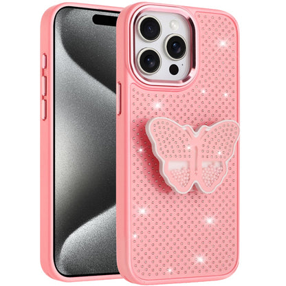 For Apple iPhone 15 Pro Max Butterfly Moveable Grip 3D Pop Stand Full Diamond Bling Sparkling TPU Fashion Hybrid Case Cover