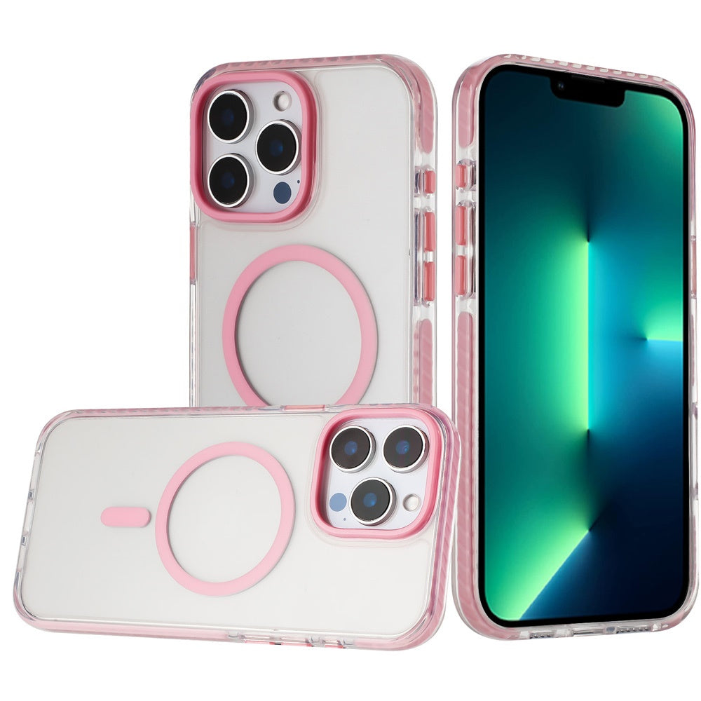 For Apple iPhone 15 Pro Max Transparent Hybrid with Color-Matched Magnetic Circle, Rubber TPU Frame Hard PC Shockproof Case Cover