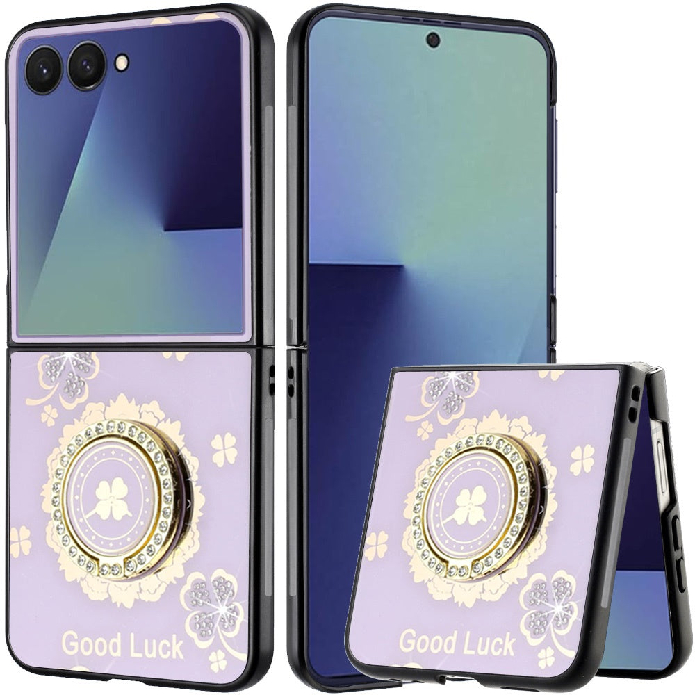 For Samsung Galaxy Z Flip 7 Diamonds 3D Fashion Bling Sparkly Glitter Ornaments Engraving Hybrid with Ring Stand Case Cover