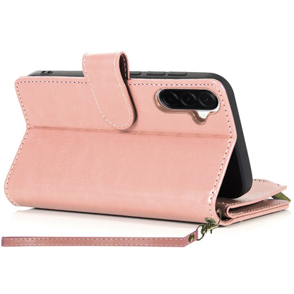 For Samsung Galaxy A57 Leather Wallet Case with Zipper, 9 Card Slots, Cash Pocket, Stand & Strap, Clutch Pouch Design Case Cover Rose Gold