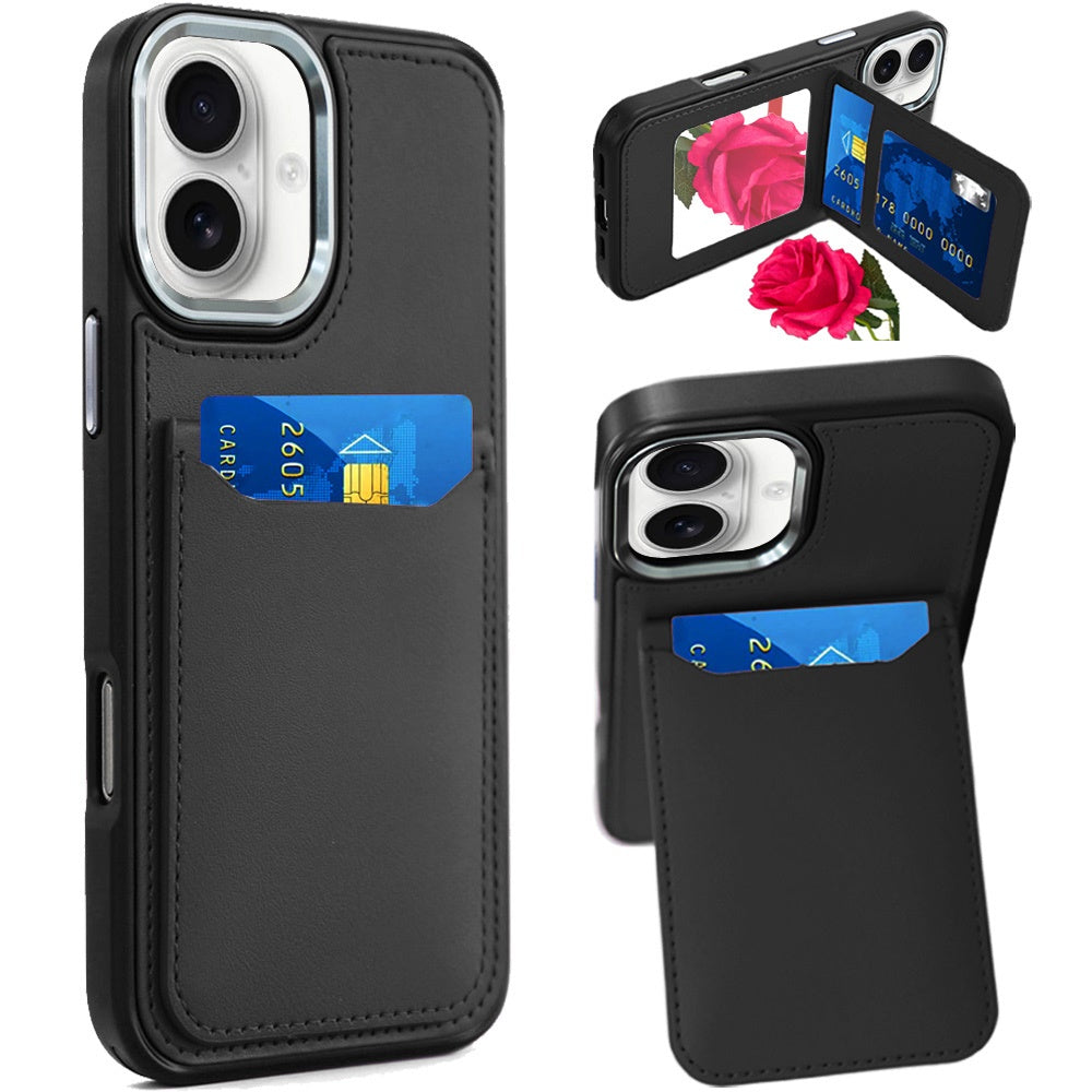 For Apple iPhone 17 (6.3") PU Leather Wallet Cover with Credit Card Holder, Kickstand & Mirror Inside Slim Fit TPU & PC Hybrid Design Case Cover