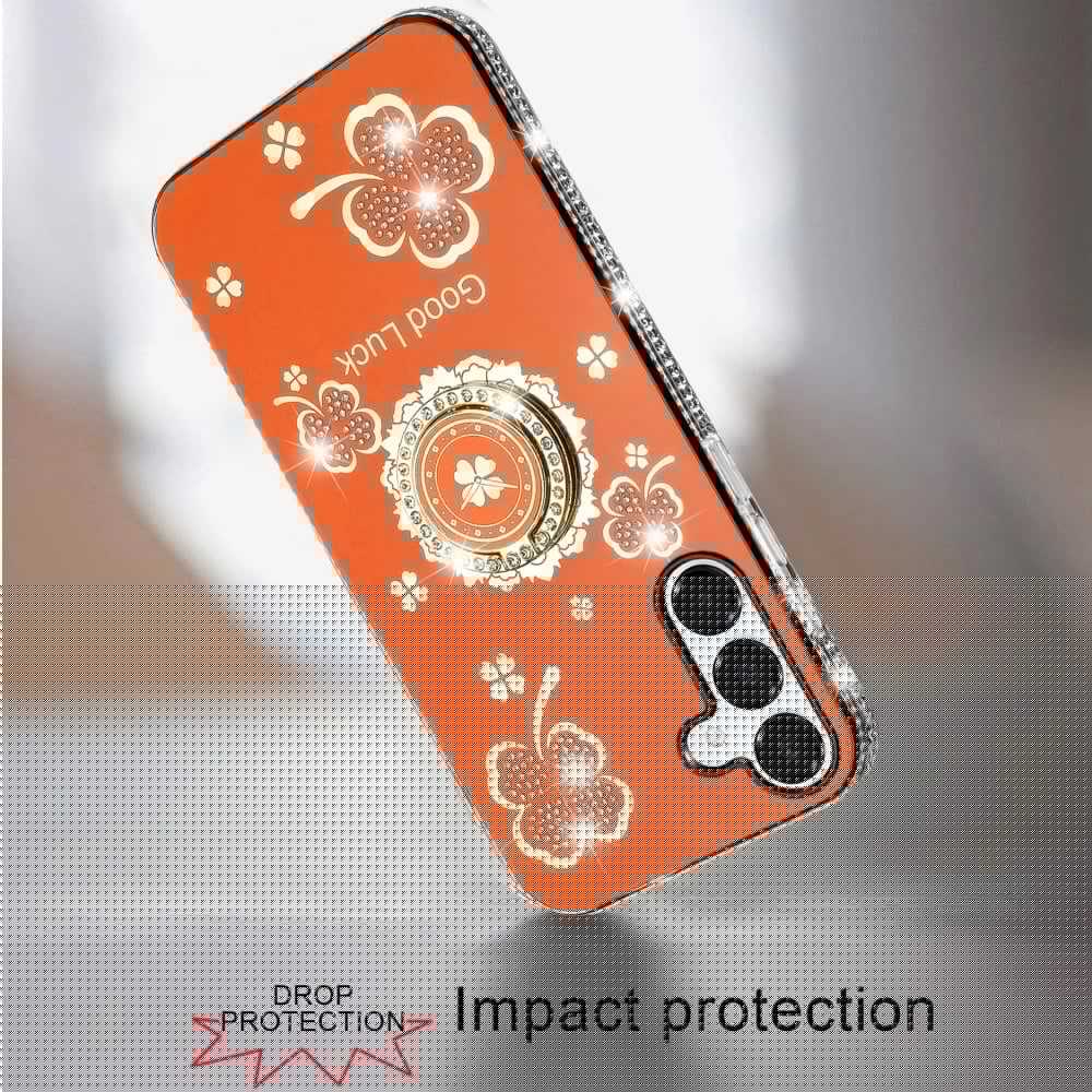 For Samsung Galaxy A16 5G Diamonds Bling All Around Edges Sparkly Glitter Hybrid with Ring Stand Holder Fashion Good Luck Case Cover Cosmic Orange