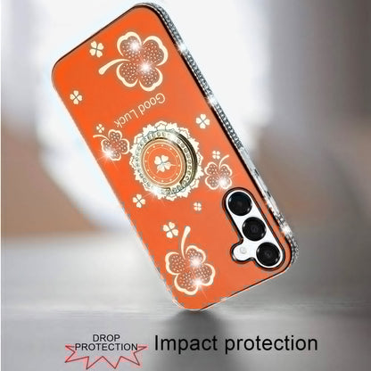 For Samsung Galaxy A16 5G Diamonds Bling All Around Edges Sparkly Glitter Hybrid with Ring Stand Holder Fashion Good Luck Case Cover Cosmic Orange