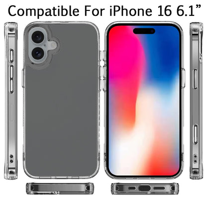 For Apple iPhone 16 (6.1") Premium Hybrid HD Crystal Clear Hard PC Back Gummy Thick 2.0mm TPU Frame Slim Fit Case Cover Transparent