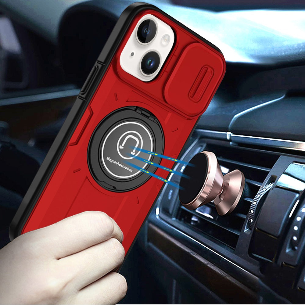 For Apple iPhone 16 (6.1") Build in Invisible Magnetic Ring Stand with Slide Camera Protector, fit Magnetic Car Mount [Compatible with MagSafe] Case Cover