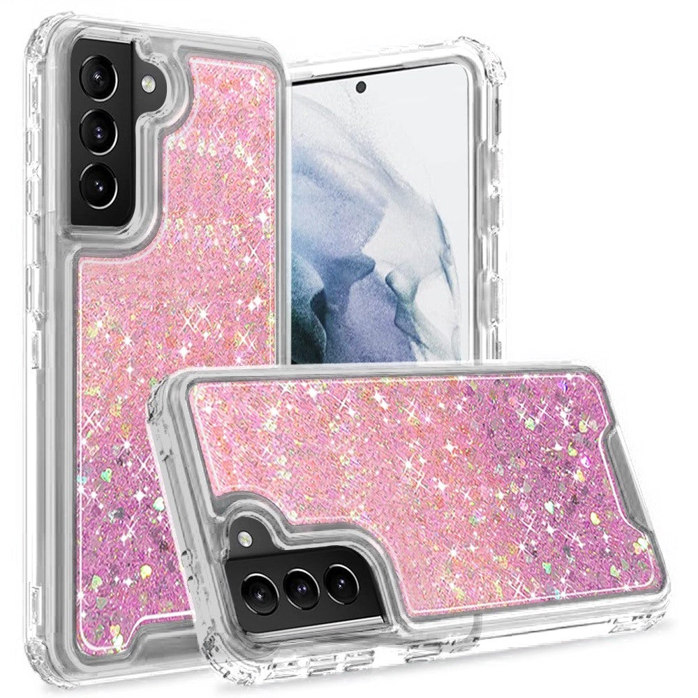 For Samsung Galaxy S21+ / S21 Plus Epoxy Bling Glitter Sparkly 3-in-1 Transparent Hybrid Full-Body Shockproof PC Bumper Case Cover Hot Pink+Purple