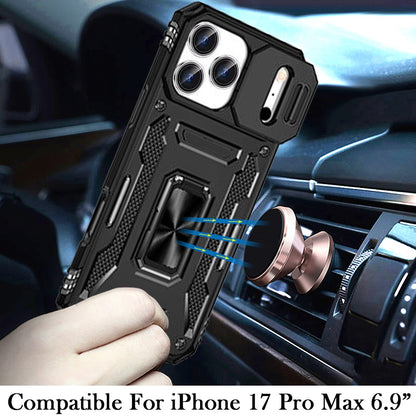 For Apple iPhone 17 Pro Max (6.9") Tough Hybrid Case with Movable Camera Window & Metal Ring Stand Shockproof Case Cover