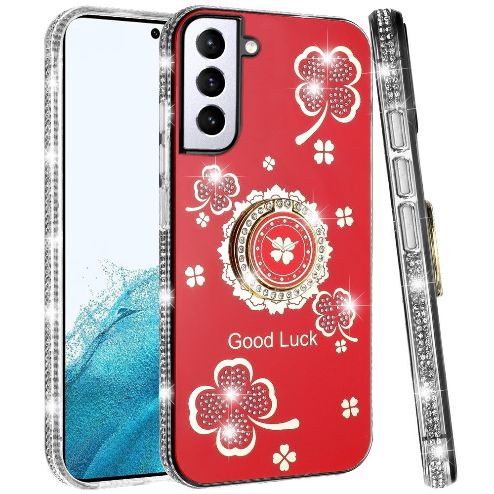 For Samsung Galaxy S22 Diamonds Bling All Around Edges Sparkly Glitter Hybrid with Ring Stand Holder Fashion Good Luck Case Cover