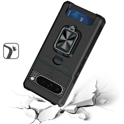 For Google Pixel 9 Pro XL Wallet Case with Ring Stand & Slide Camera Cover Back Credit Card Slot Holder, Military Grade Case Cover