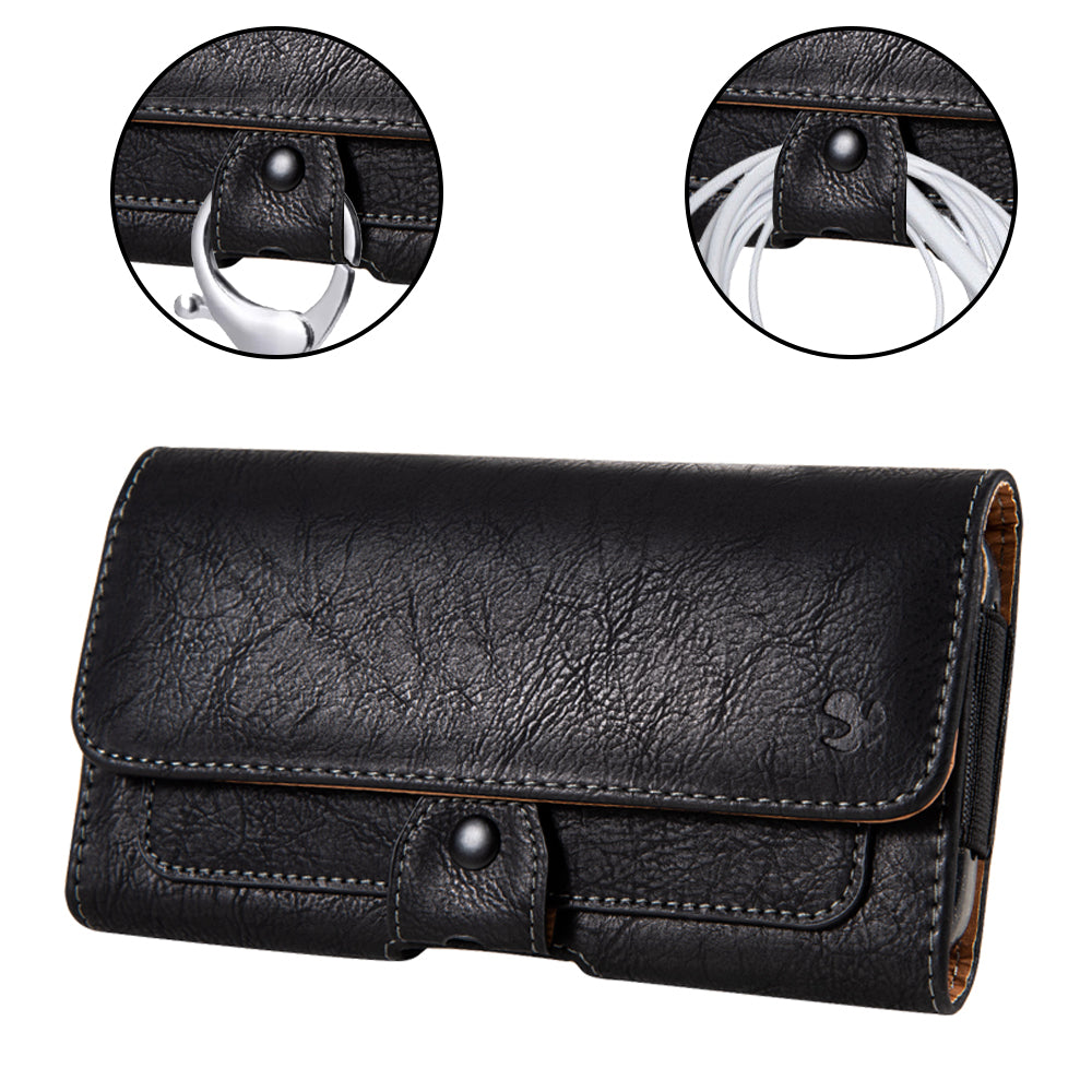 For Apple iPhone 16 (6.1") Universal Phone Holder Horizontal PU Leather with Credit Card Money Slot, Belt Clip Holster Loops Carrying M Pouch [Black]