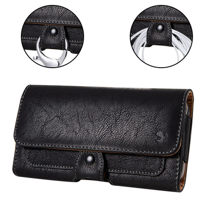 For Apple iPhone 16 (6.1") Universal Phone Holder Horizontal PU Leather with Credit Card Money Slot, Belt Clip Holster Loops Carrying M Pouch [Black]