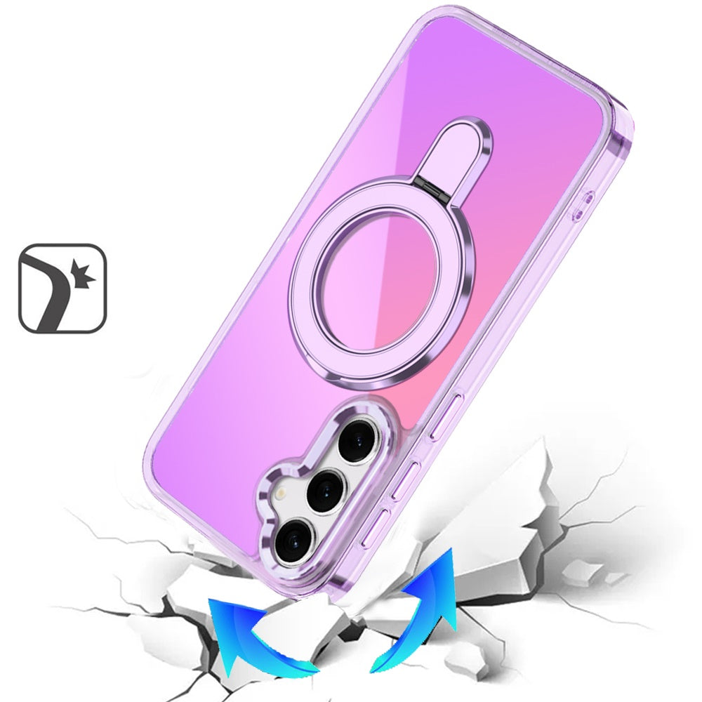 For Samsung Galaxy S25 FE /S25 Fan Edition Chrome Hybrid with Rotating Magnetic Circle Ring Stand, Slim Shockproof Hybrid Case Cover
