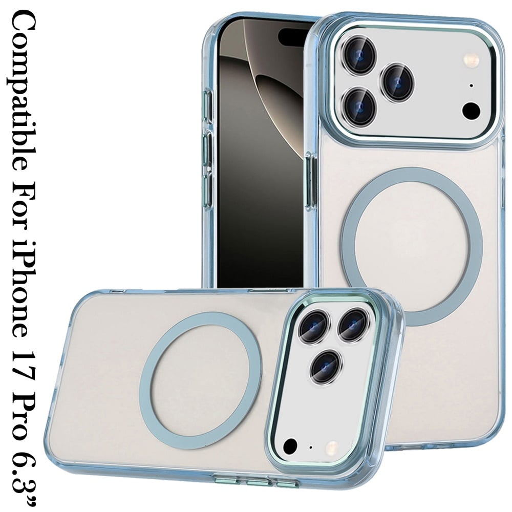 For Apple iPhone 17 Pro (6.3") Transparent Back Hybrid Case - Magnetic Circle, Color Frame, Metal Buttons, MagSafe Compatible Case Cover