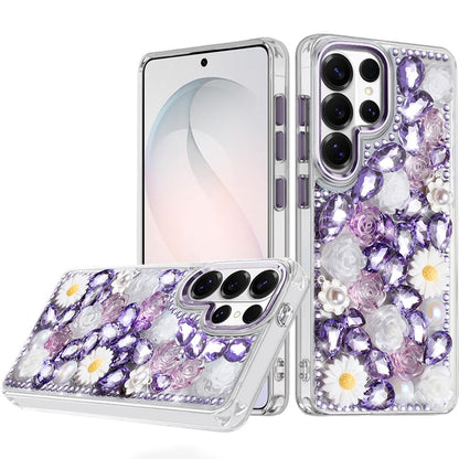 For Samsung Galaxy S26 Ultra Fashion Daisy Floral Series, Full 3D Bling Crystal Diamonds Sparkling Rhinestone Glitter Hybrid Design Case Cover
