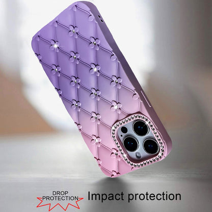 For Apple iPhone 13 Pro Fashion Flower Design Sparkle Glitter Shimmer Rhinestone Bling Floral Accents, Leather Texture TPU Case Cover Dark Blue/Burgundy