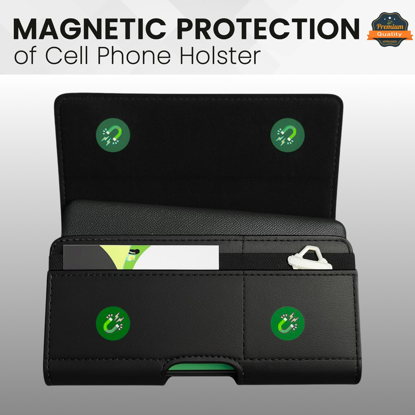 Universal Magnetic Leather Phone Pouch Case with Belt Clip, Card Slot Holder, Secure Magnetic Closure, Soft Lining Protection, Fits Most 6.5" - 7.0" Smartphones Case Cover Black