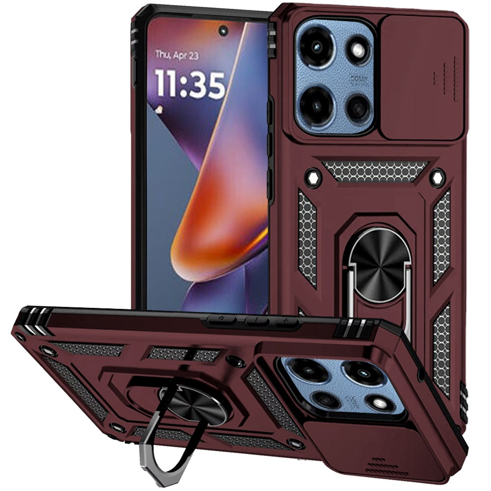 For Motorola Moto G 5G 2025 Hybrid Ring Shockproof with 360° Rotate Ring Kickstand, Camera Lens Protection, Soft Edge Bumper Case Cover Burgundy