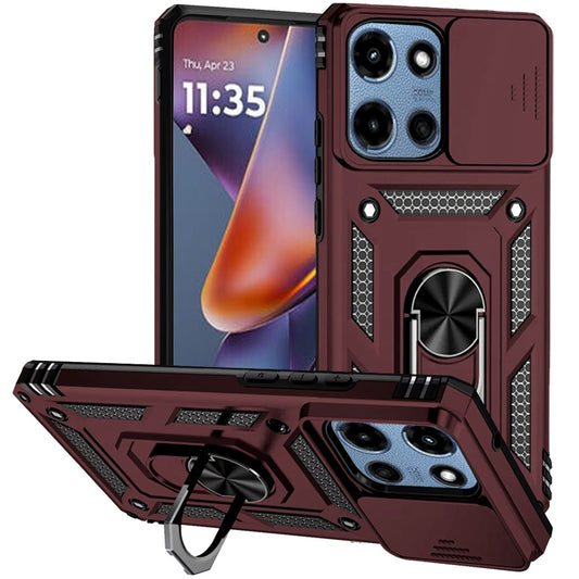 For Motorola Moto G 5G 2025 Hybrid Ring Shockproof with 360° Rotate Ring Kickstand, Camera Lens Protection, Soft Edge Bumper Case Cover Burgundy