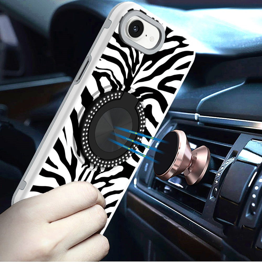For Apple iPhone 16e Pattern Design Hybrid with Invisible Ring Stand & Magnetic Back, Shockproof Protective Grip Case Cover Zebra