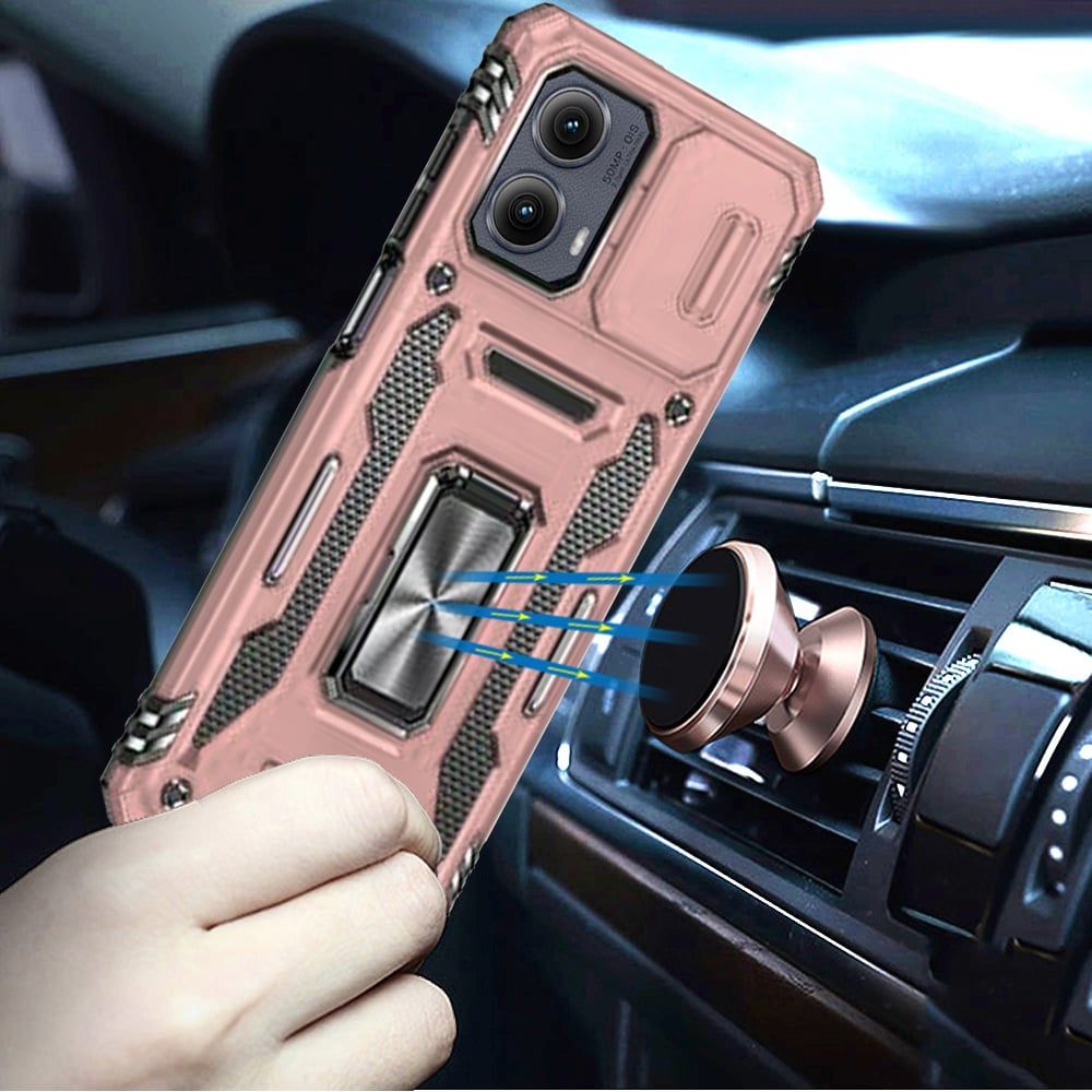 For Motorola Edge 2024 Tough Hybrid Case with Movable Camera Window & Metal Ring Stand Shockproof Case Cover Rose Gold