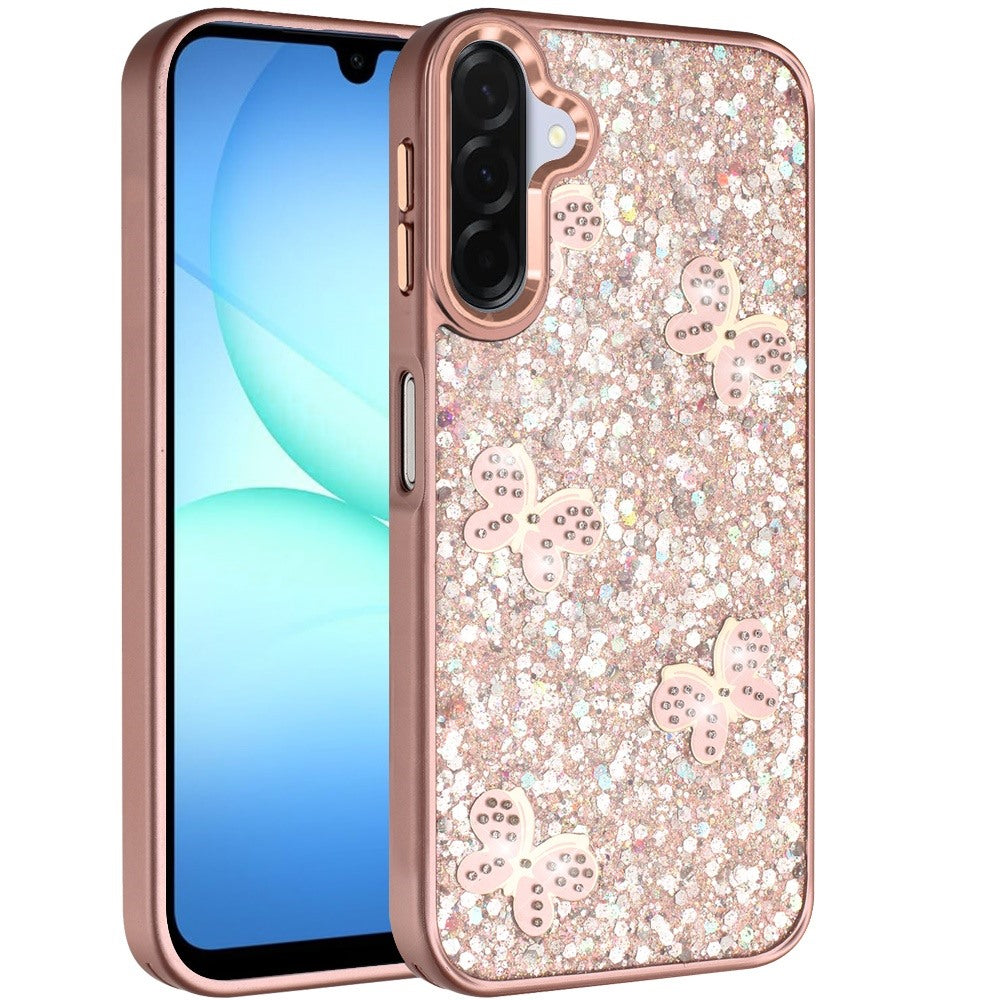 For Samsung Galaxy A17 5G Cute Butterfly Crystal Diamond Glitter Case Sparkle Bling Frame Metallic Edges, Shimmer TPU Hybrid Case Cover