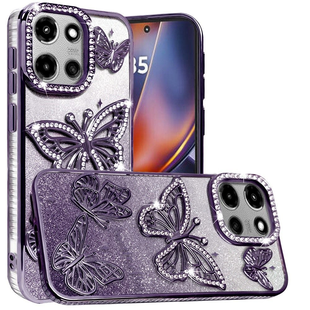 For Motorola Moto G Power 5G (2025) Luxury Butterfly Sparkle Glitter Diamond Crystal Rhinestone Shimmer Bling Plating Thick TPU Hard PC Case Cover