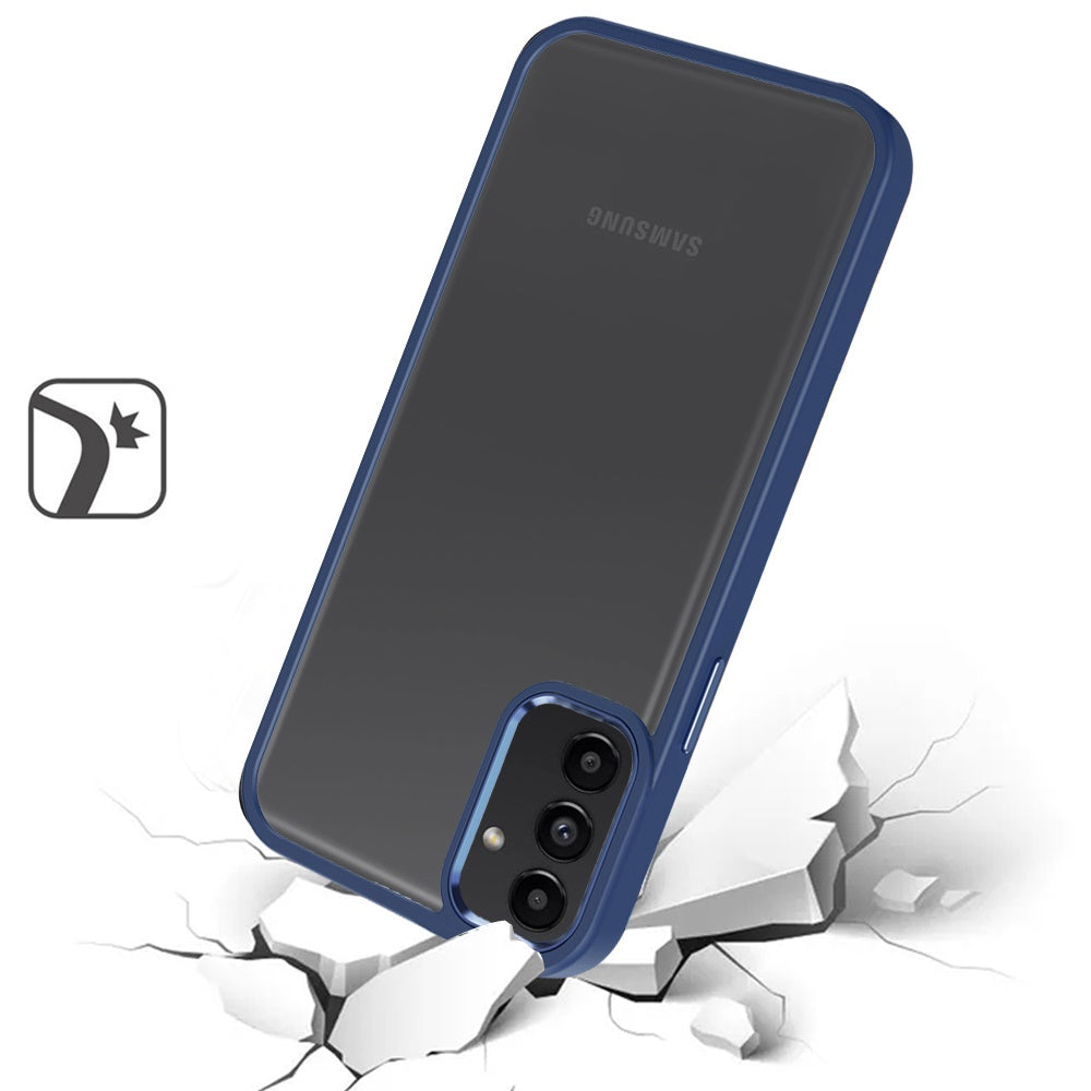 For Samsung Galaxy A17 5G Slim Fit Hybrid Transparent Thick Acrylic with Metal Buttons Frame Protective Hard PC + TPU Shockproof Case Cover Blue