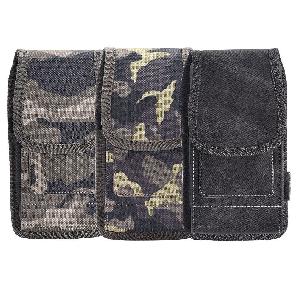 For Apple iPhone 16 (6.1") Universal Vertical Denim Fabric Case Holster with 2 Card Slots, Pen Holder, Belt Clip Loop & Hook Carrying Medium Phone Pouch [Black Denim]