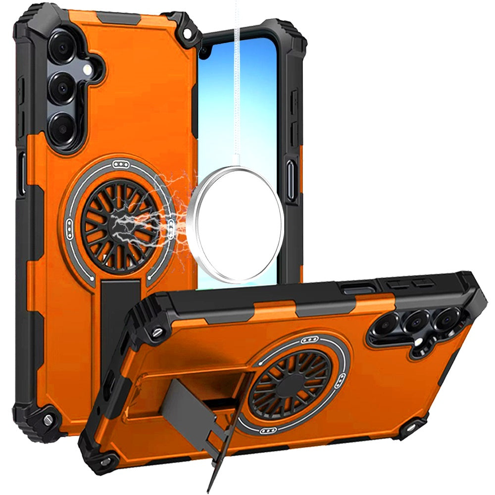 For Samsung Galaxy A17 5G Texture Design Invisible Kickstand Case, MagSafe Compatible Hybrid Shockproof Cover, Car Mount Friendly Case Cover Cosmic Orange