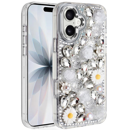 For Apple iPhone 17 (6.3") Fashion Daisy Floral Series, Full 3D Bling Crystal Diamonds Sparkling Rhinestone Glitter Hybrid Design Case Cover