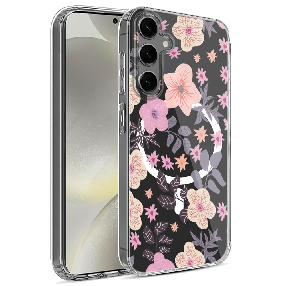 For Samsung Galaxy S25 /S24 Hybrid Flower Design Stylish Fashion Case, MagSafe Compatible, Thick Shockproof Hard PC Case Cover