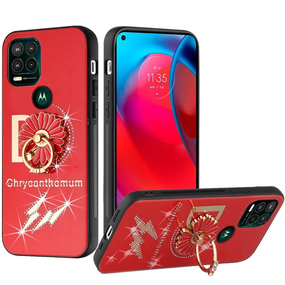 For Samsung Galaxy S21+ / S21 Plus Diamonds 3D Fashion Floral Bling Sparkly Glitter Ornaments Engraving Hybrid with Ring Stand Case Cover Red Good Luck Floral