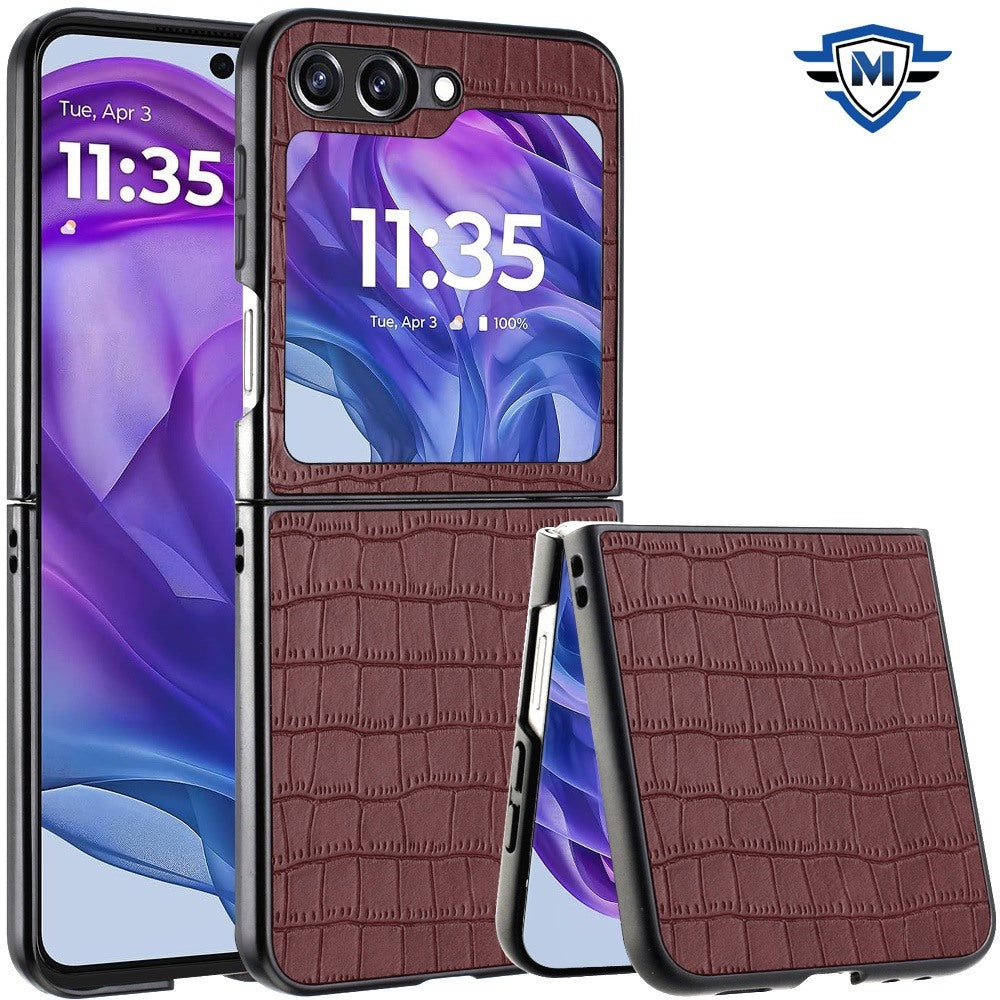 For Motorola Razr 2024 Premium PU Vegan Leather Hard Snap-On Slim Protective Shell Cover, Elegant Finish Case Cover Brwn