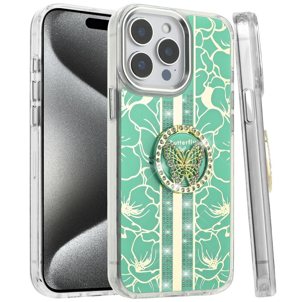 For iPhone 15 Pro Max (6.7") Diamonds 3D Butterfly Floral Design Bling Sparkly Glitter Hybrid Metal Fashion with Ring Stand Case Cover