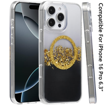 For Apple iPhone 16 Pro (6.3") Transparent Epoxy Glitter Magnetic Circle Compatible with MagSafe Hybrid Bling Sparkle Hard PC Slim TPU Case Cover