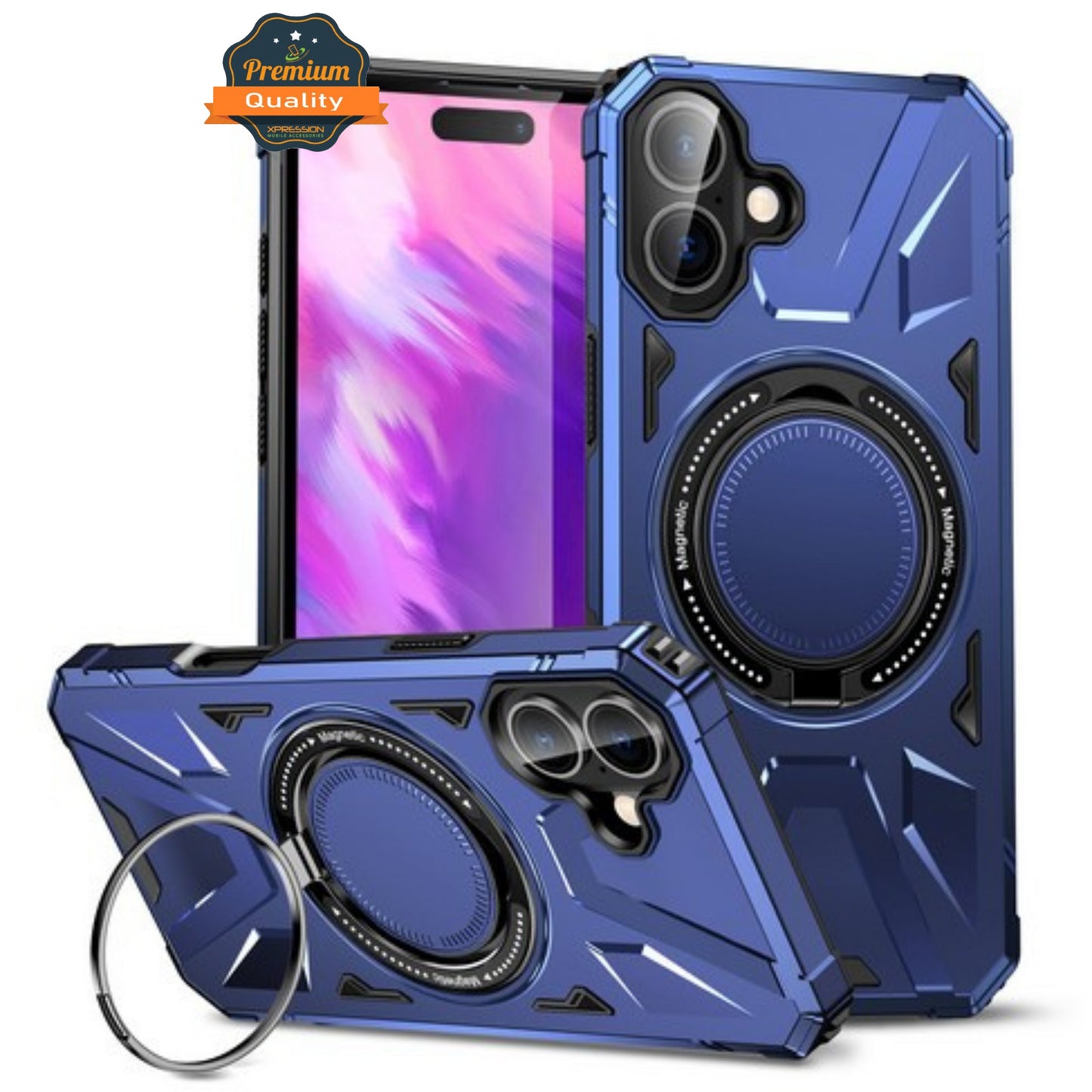 For Apple iPhone 17 Tough Shockproof Hybrid Magnetic Large Rotating Ring Stand Compatible with MagSafe Case Cover