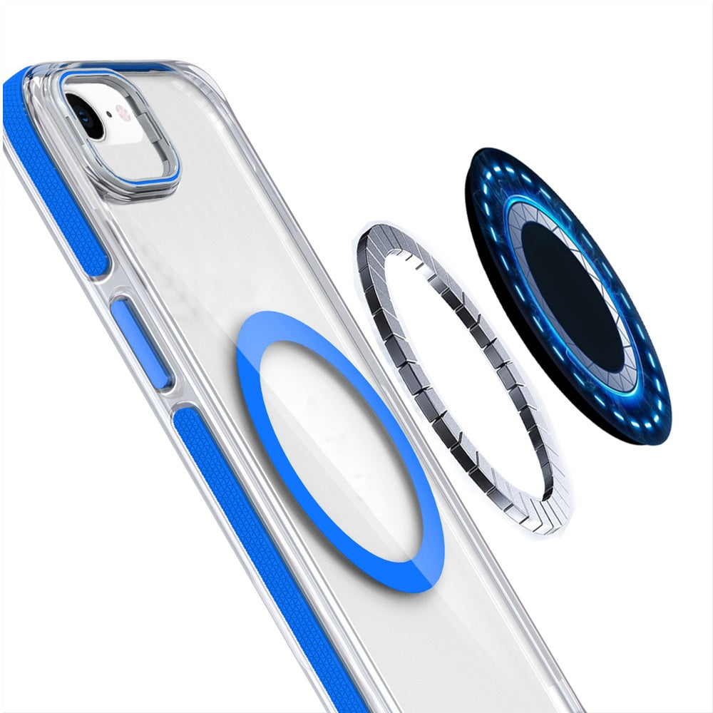 For Samsung Galaxy A17 5G Hybrid Clear Back Case with Invisible Camera Bracket Stand, MagSafe Magnetic Circle, Shockproof Color Frame Case Cover Blue