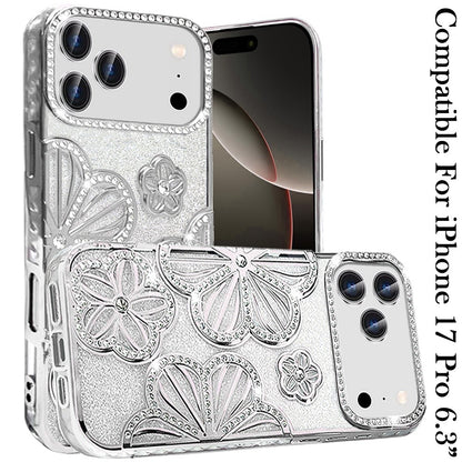For Apple iPhone 17 Pro (6.3") Luxury Flower Design Sparkle Glitter Diamond Rhinestone Shimmer Bling Plating Thick TPU Hard PC Case Cover