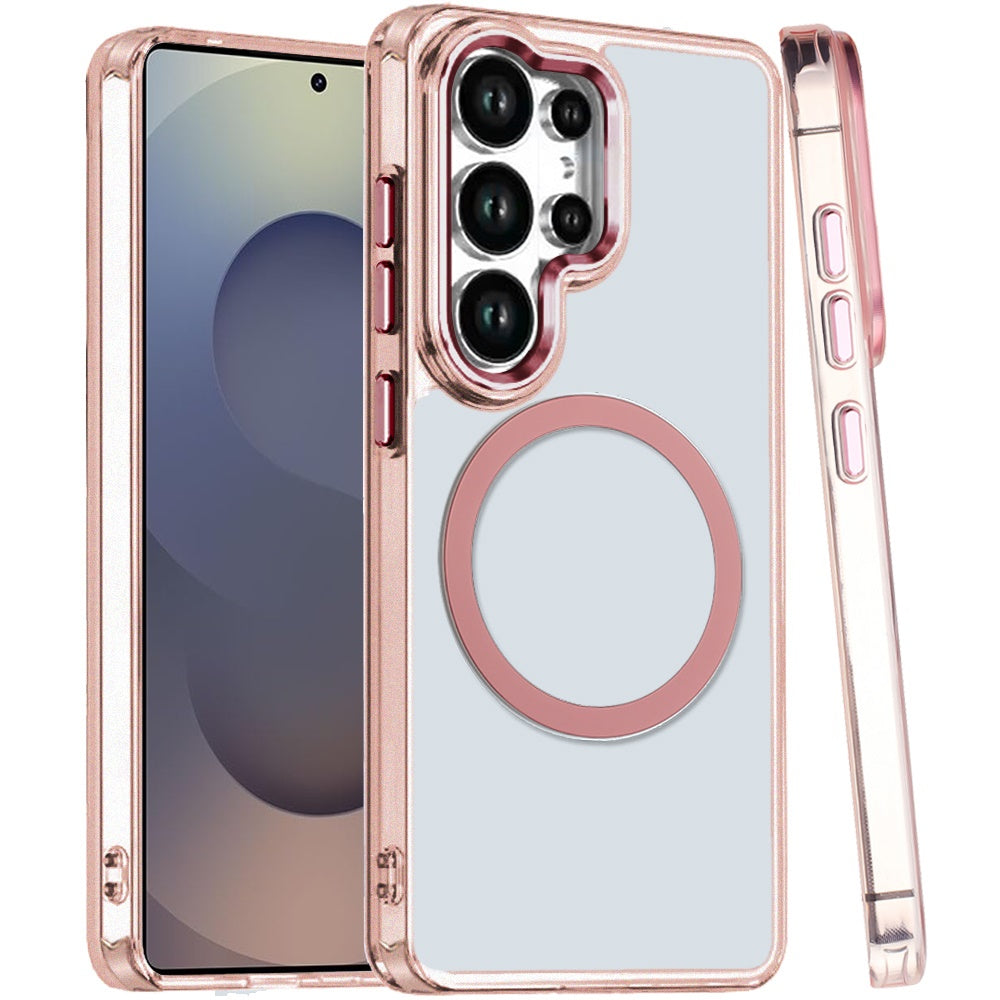 For Samsung Galaxy S25 Ultra Transparent Back Hybrid Case - Magnetic Circle, Color Frame, Metal Buttons, MagSafe Compatible Case Cover