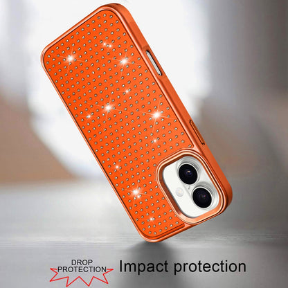 For Apple iPhone 17 (6.3") Bling Diamond Metallic, Full Sparkle Chrome Edged Hybrid Protective Shockproof Case Cover Cosmic Orange
