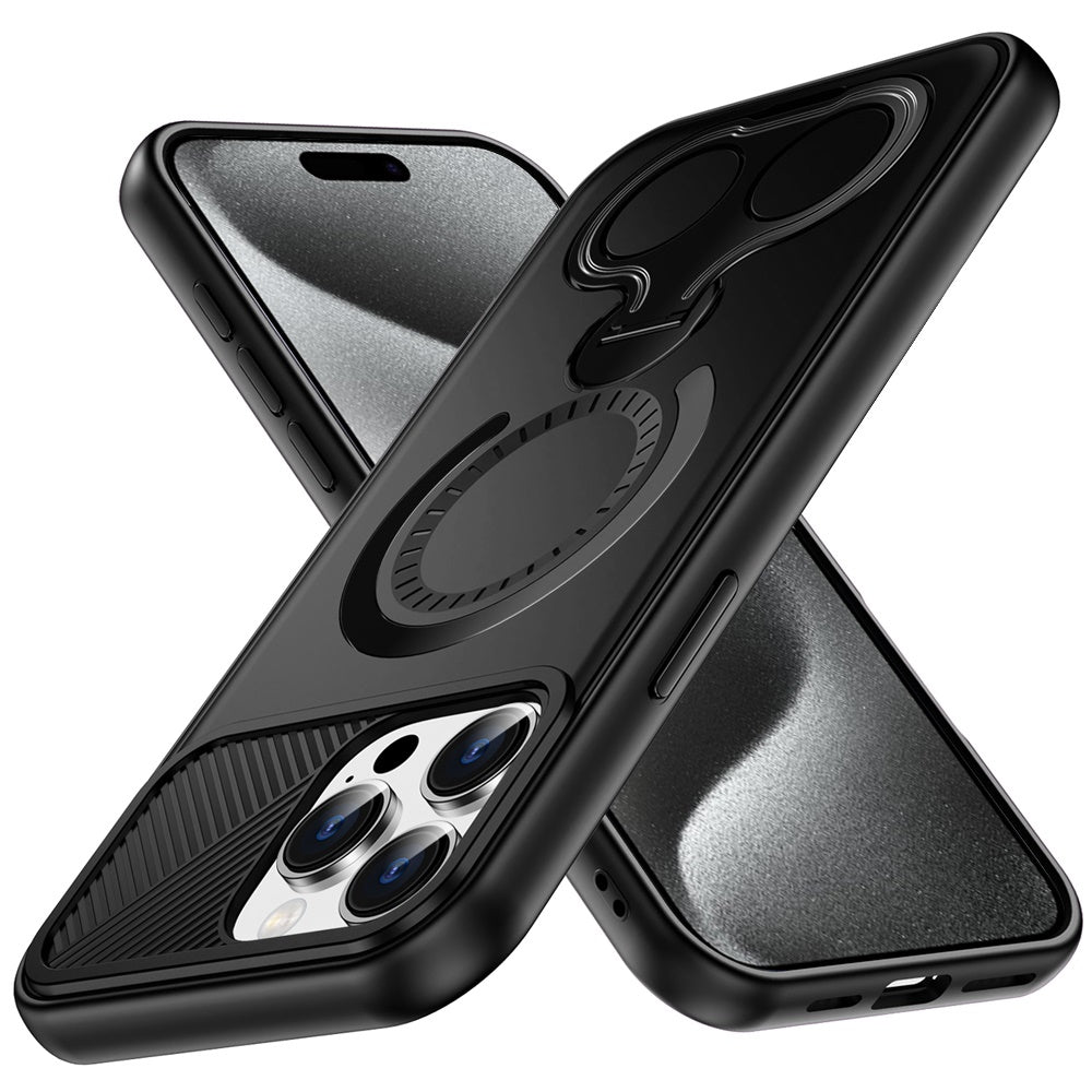 For Apple iPhone 15 Pro Max Hybrid with Invisible 2 Hole Ring Stand Magnetic back Car Mount Friendly Protector Case Cover Black