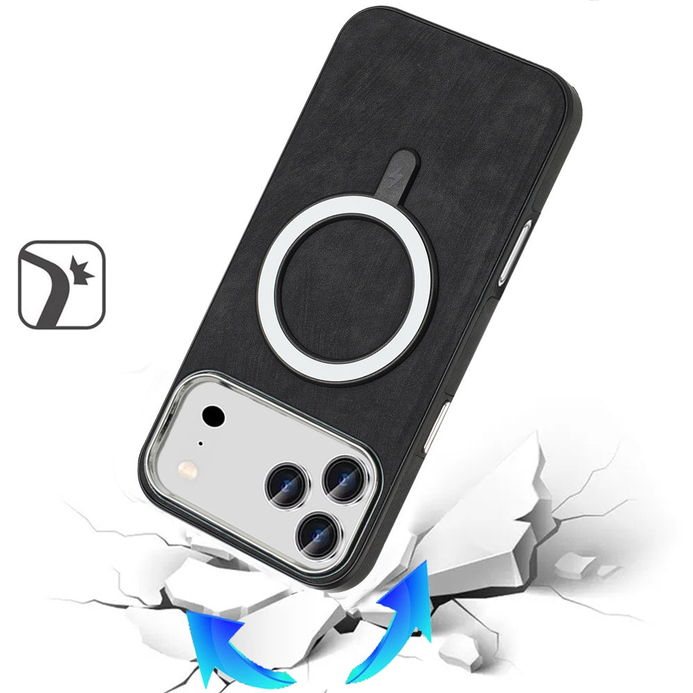 For Apple iPhone 17 Pro Fashion PU Vegan Leather Chrome Edge Hybrid, MagSafe Compatible, Durable TPU Hard PC Case Cover Black