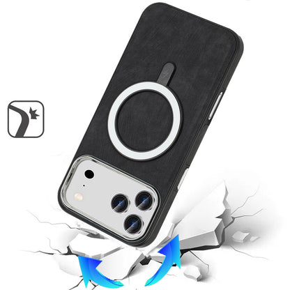 For Apple iPhone 17 Pro Fashion PU Vegan Leather Chrome Edge Hybrid, MagSafe Compatible, Durable TPU Hard PC Case Cover Black