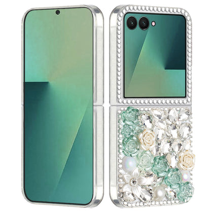 For Samsung Galaxy Z Flip 7 Fashion Rose Flower Floral Bling Crystal 3D Full Diamonds Pearl Sparkle Rhinestone Glitter Hybrid Case Cover