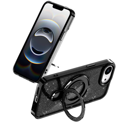 For Apple iPhone 17E /16E Transparent Glitter Bling Case with Rotating Magnetic Ring Stand, Shockproof Hybrid Case Cover
