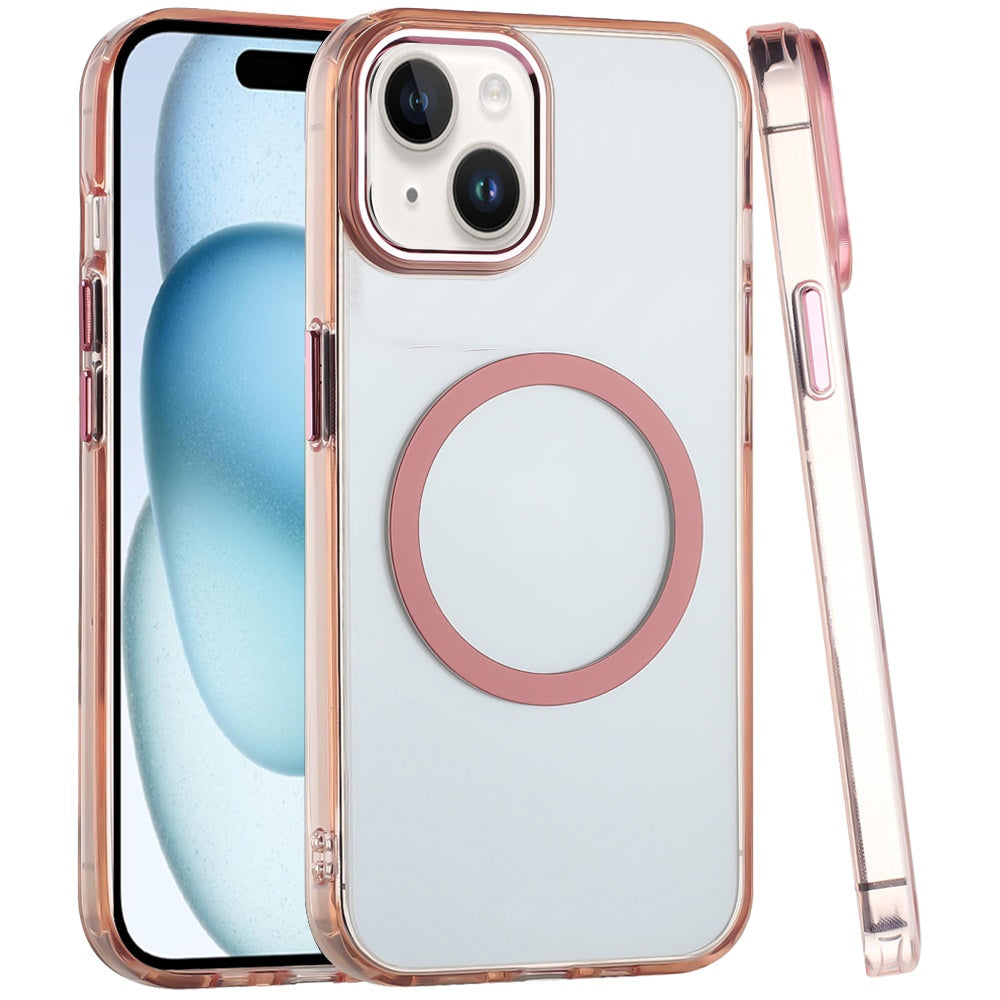 For iPhone 15 (6.1") Transparent Back Hybrid Case - Magnetic Circle, Color Frame, Metal Buttons, MagSafe Compatible Case Cover