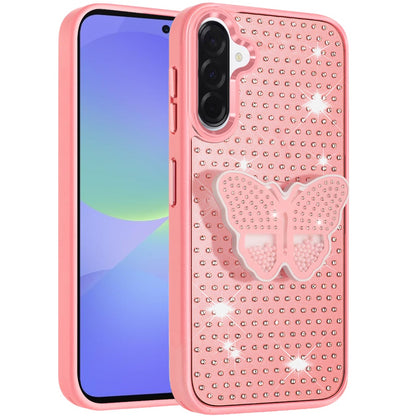 For Samsung Galaxy A37 Butterfly Moveable Grip 3D Pop Stand Full Diamond Bling Sparkling TPU Fashion Hybrid Case Cover